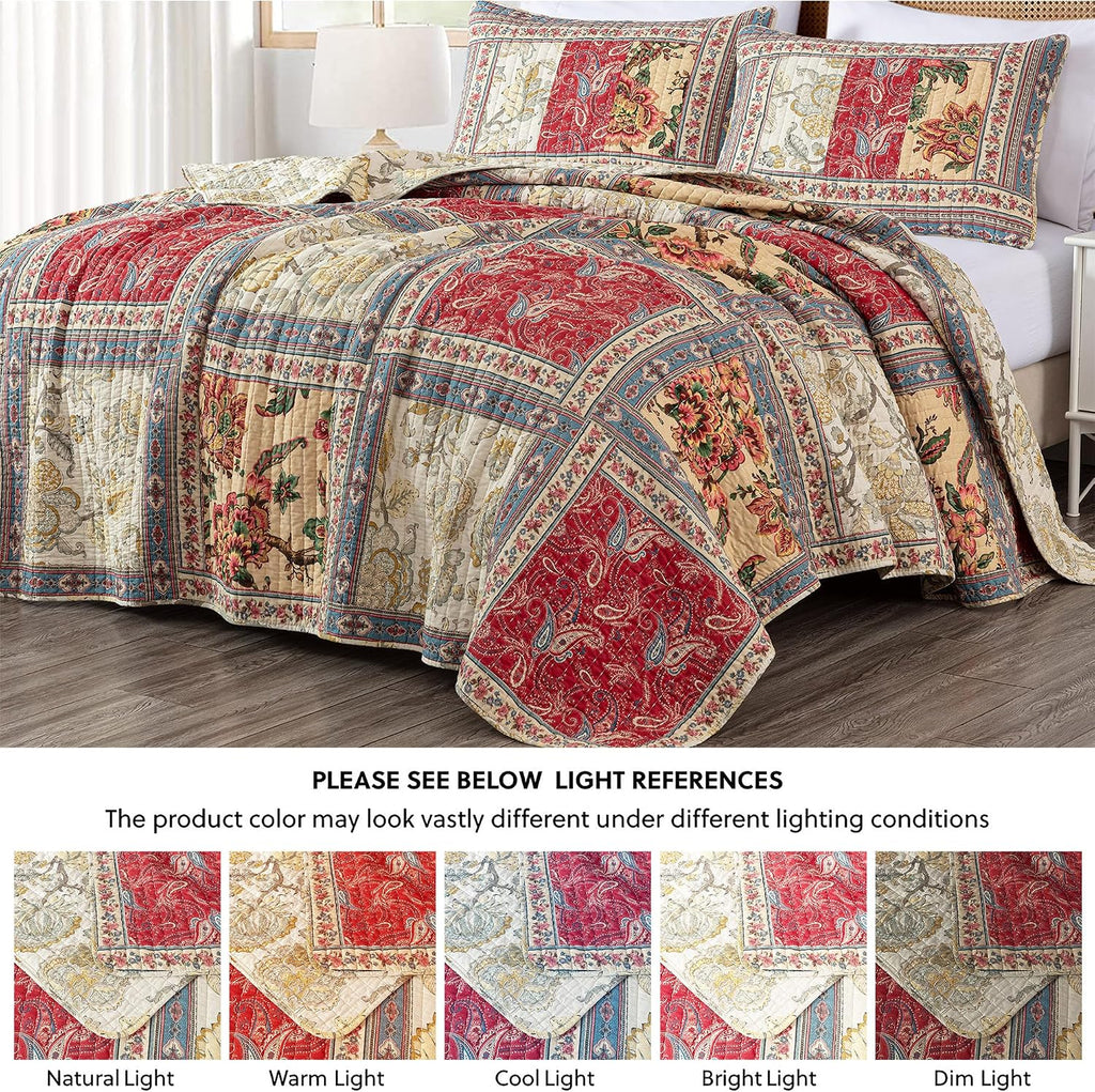 Chezmoi Collection Bambi 3-Piece Washed Patchwork Cotton Quilt Set - Soft Lightweight Breathable Reversible Floral Quilted Bedspread for All Seasons. King Size