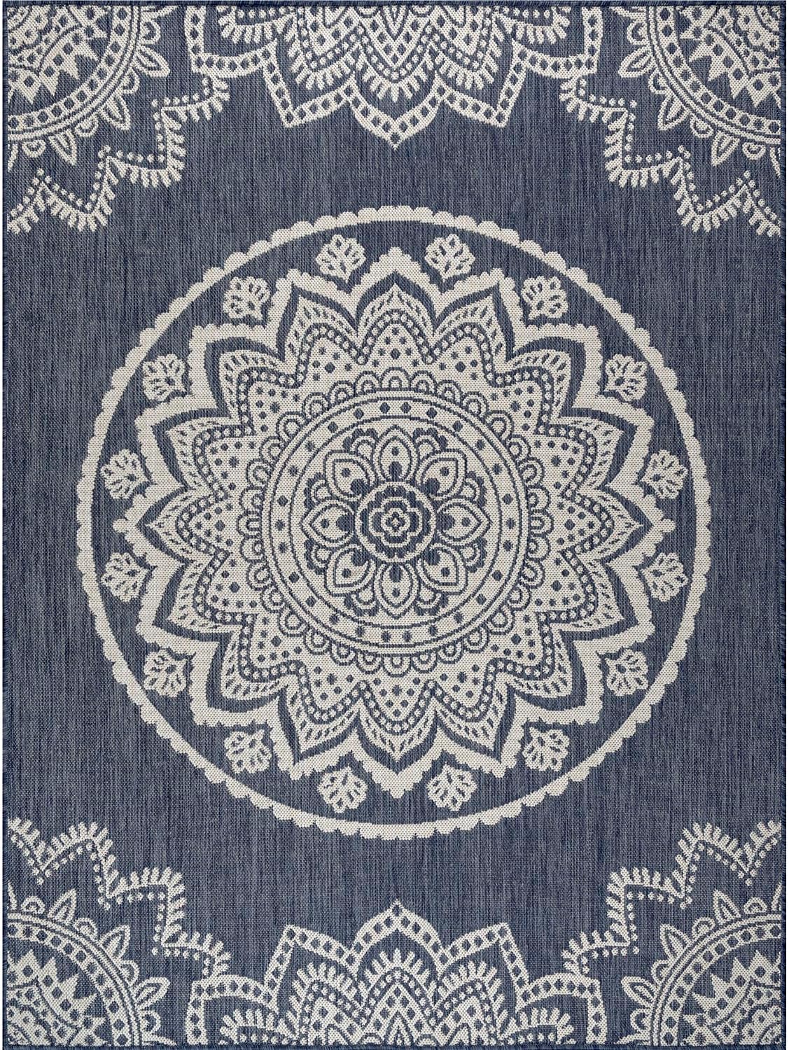 CAMILSON Outdoor Rug 8x10 Modern Area Rugs for Indoor and Outdoor Patios and Porches - Waterproof, Washable, Non-Shedding, Easy-to-Clean Outside Carpet (8 x 10, Medallion - Blue/White)