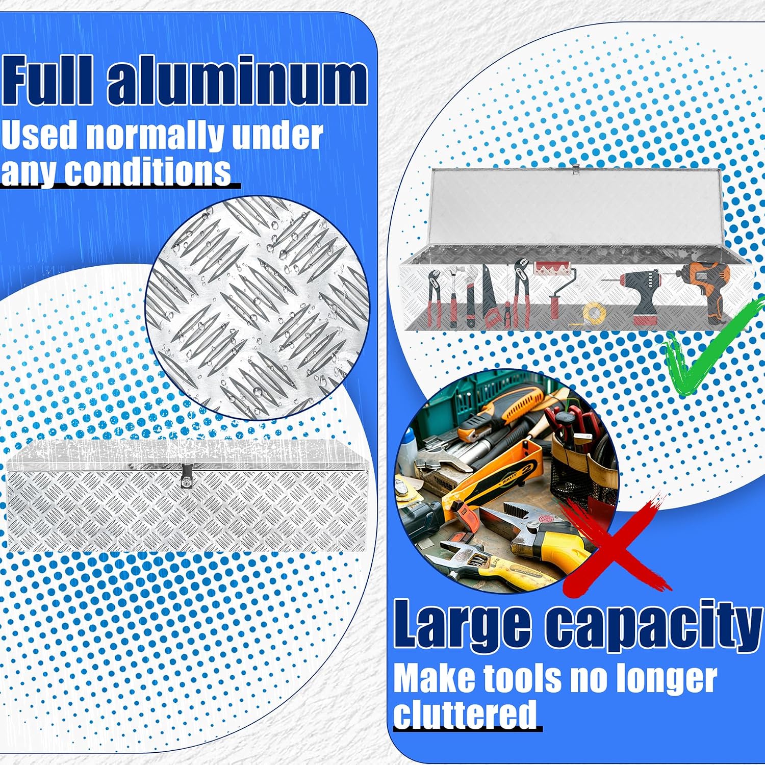 Aluminum Underbody Truck Box 49'×13'×10' Pick up Square Storage Toolbox Heavy Duty Diamond Plate Tool Boxes with Side Handle Buckle Lock and Keys for Storage and Organization