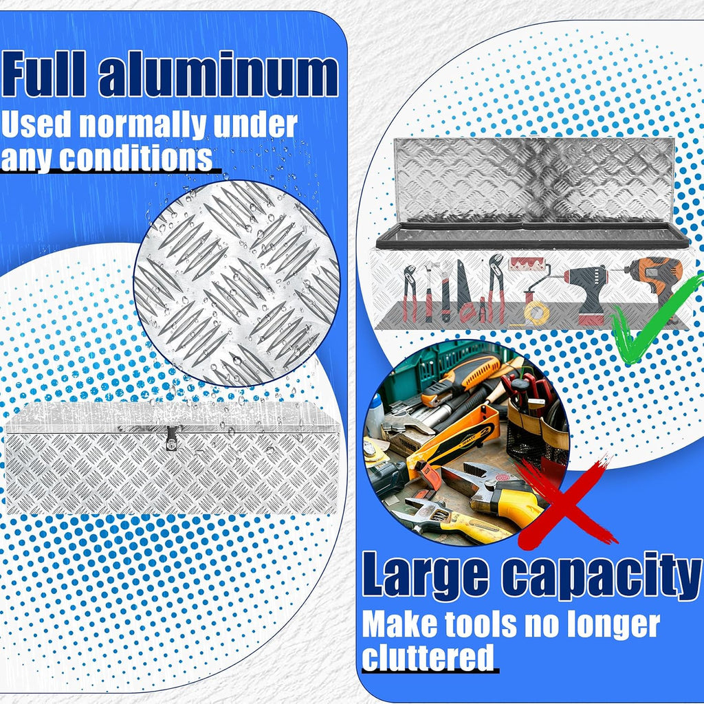 Aluminum Underbody Truck Box 39'×13'×11' Pick up Square Storage Toolbox Heavy Duty Diamond Plate Tool Boxes with Side Handle Buckle Lock and Keys for Storage and Organization