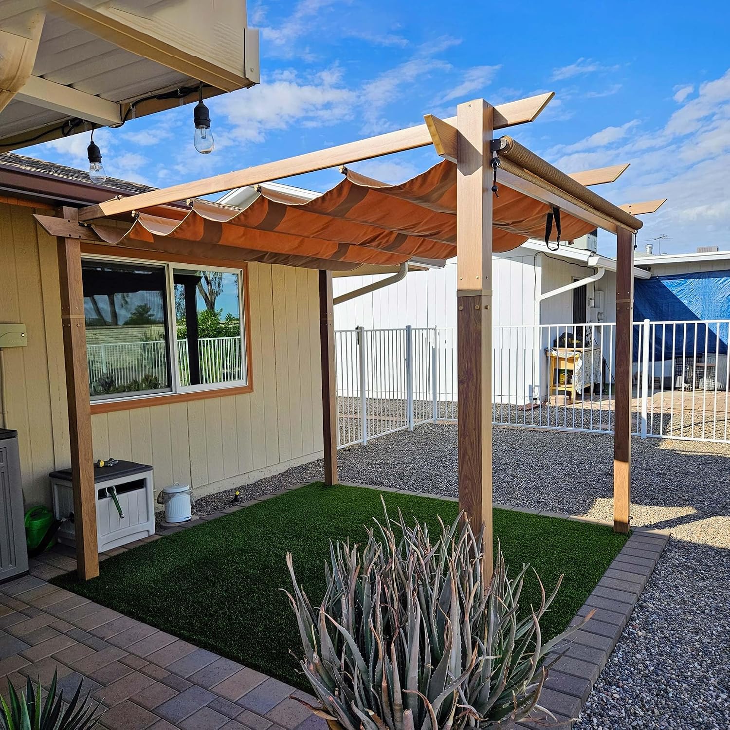 PURPLE LEAF 10' x 10' Outdoor Retractable Pergola with Sun Shade Canopy Patio Metal Shelter for Garden Porch Beach Pavilion Natural Wood Grain Frame Gazebo Modern Yard Grill Pergola Khaki