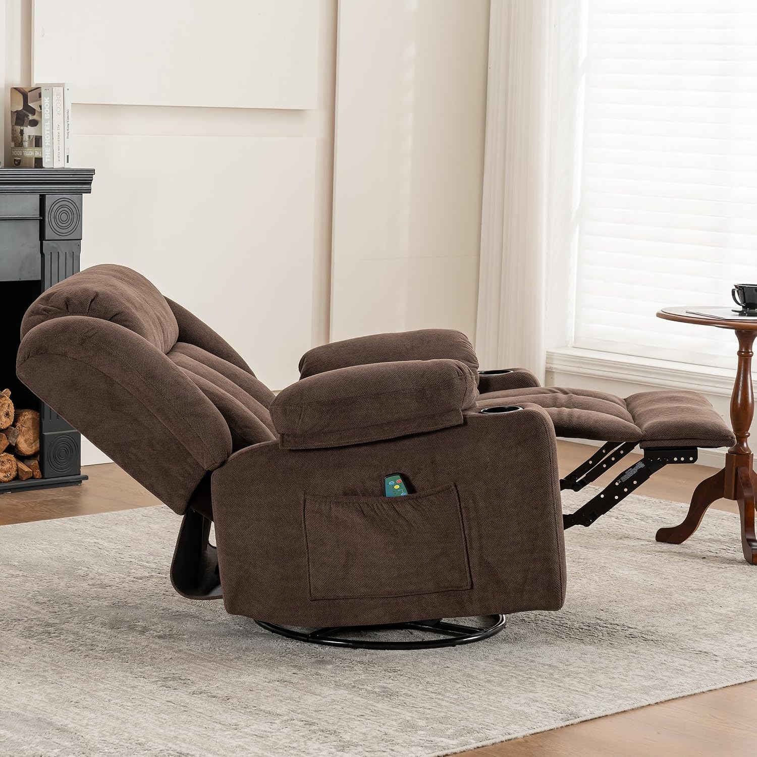 Ketaiyou Rocker Swivel Recliner Chair for Adults, Overstuffed Large Manual Recliner Glider with Massage and Heat, Comfy Soft Fabric Living Room Reclining Sofa Chair (Cocoa1)