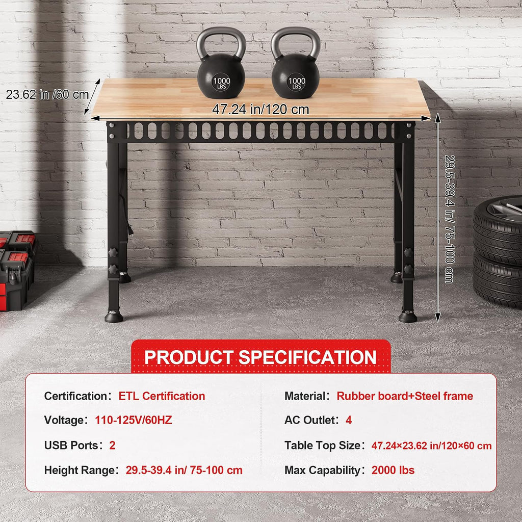 48'' Adjustable Workbench, 2000 LBS Load Capacity Heavy Duty Workstation with Power Outlets, Rubber Wood Top Worktable for Garage, Office,Workshop, Commercial