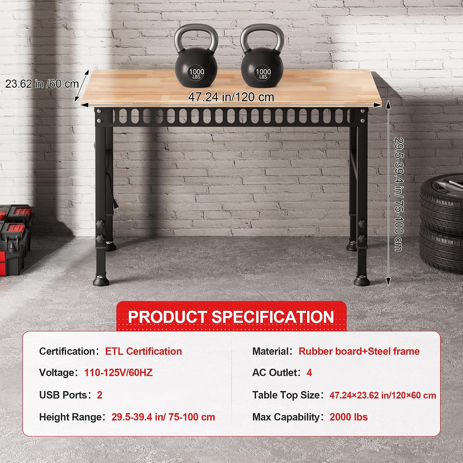 48'' Adjustable Workbench, 2000 LBS Load Capacity Heavy Duty Workstation with Power Outlets, Rubber Wood Top Worktable for Garage, Office,Workshop, Commercial