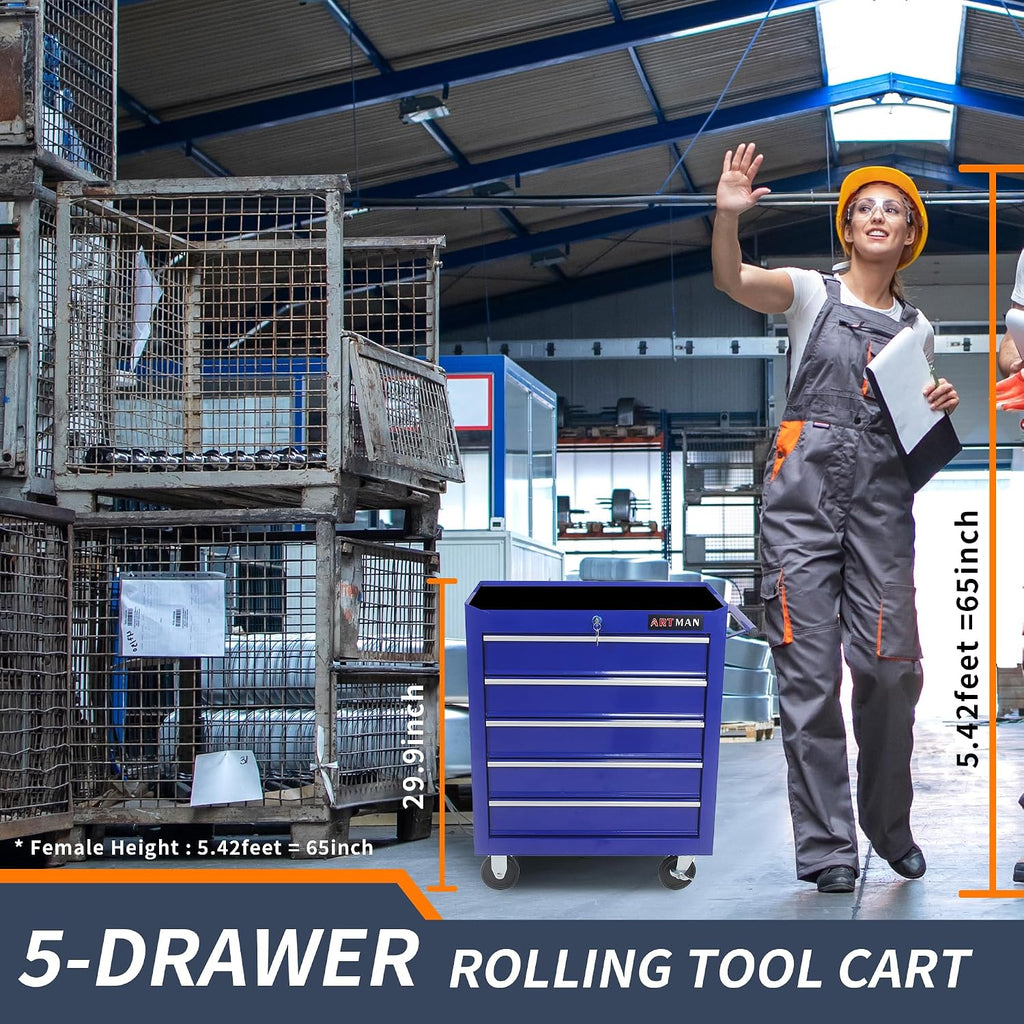 5 Drawers Rolling Tool Box，Tool Chest on Wheels, Lockable Tool Storage Cabinet Organizer Cabinet for Garage, Warehouse, Repair Shop, Workshop