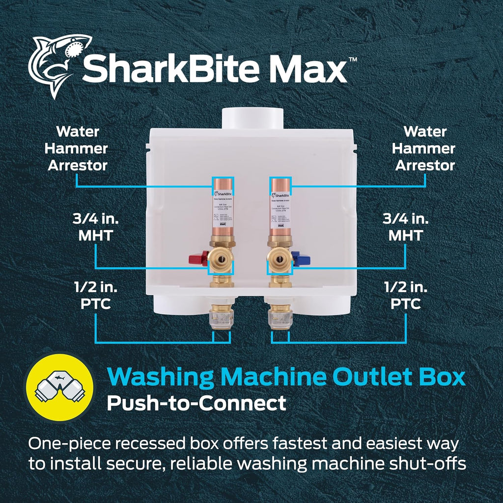SharkBite Max 1/2 Inch x 3/4 Inch MHT Washing Machine Outlet Box with Water Hammer Arrestor, Push-to-Connect Brass Plumbing Fittings, PEX, Copper, CPVC, PE-RT, 25031 (Pack of 3)