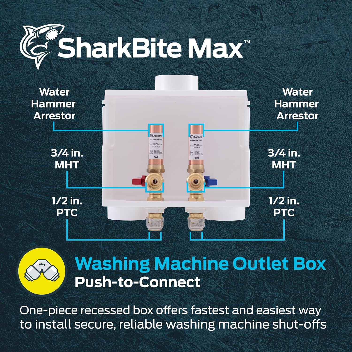 SharkBite Max 1/2 Inch x 3/4 Inch MHT Washing Machine Outlet Box with Water Hammer Arrestor, Push-to-Connect Brass Plumbing Fittings, PEX, Copper, CPVC, PE-RT, 25031 (Pack of 3)