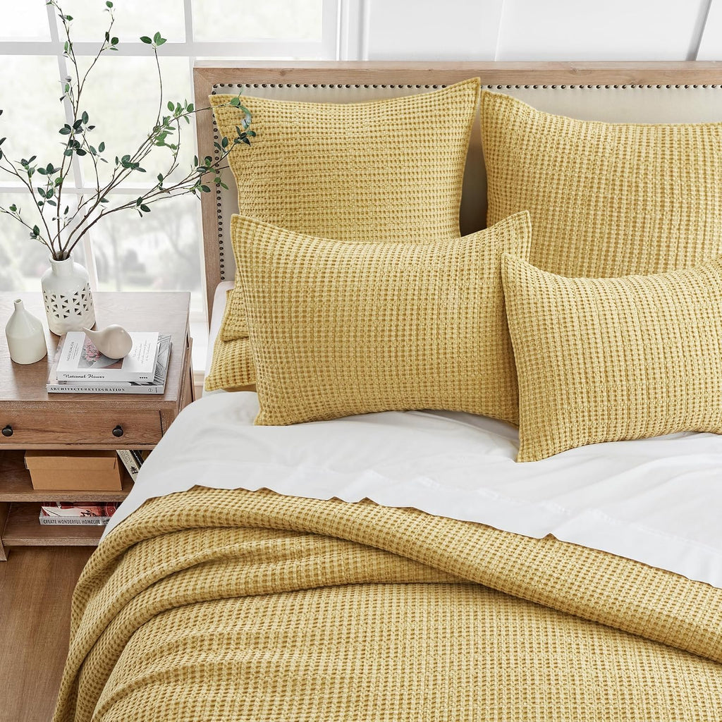 Levtex Home Mills Waffle Queen Bedspread Set (106x106in) with 2 Pillow Shams (26x20in) - Ochre - Cotton Waffle Queen Size Bedspread Set - Lightweight, Soft, Pre-Washed