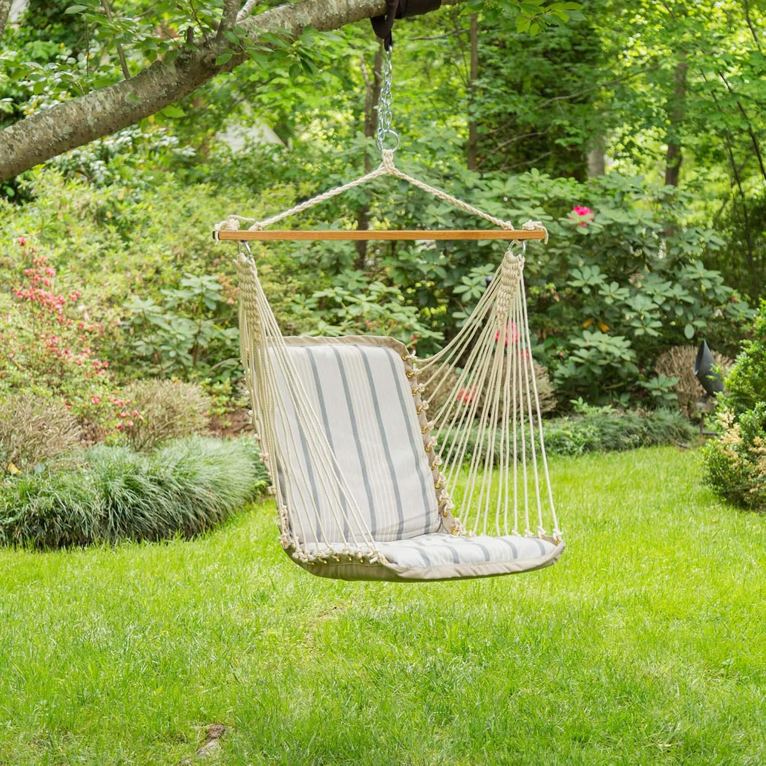 Original Pawleys Island Sunbrella Cushioned Single Swing in Cove Pebble with Oak Spreader Bar, Handcrafted in The USA, 350 LB Weight Capacity, 24 in. L x 24 in W x 24 in. D