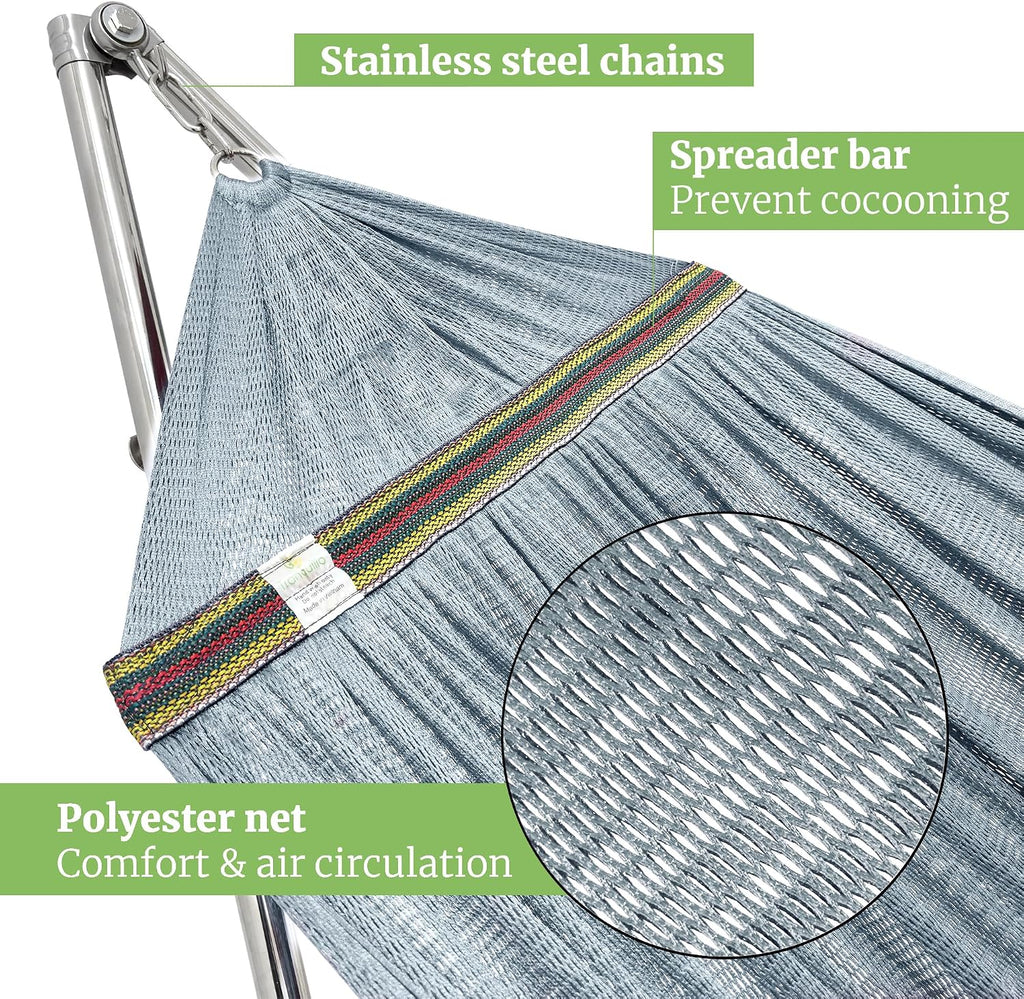 Tranquillo Double Hammock with Stand 650lb Capacity Double Hammock with Spreader Bar, Solid Grade 201 Stainless Steel 30s Set Up, Sturdy Flexible Hammock Stand Portable, Outdoor Indoor, Grey
