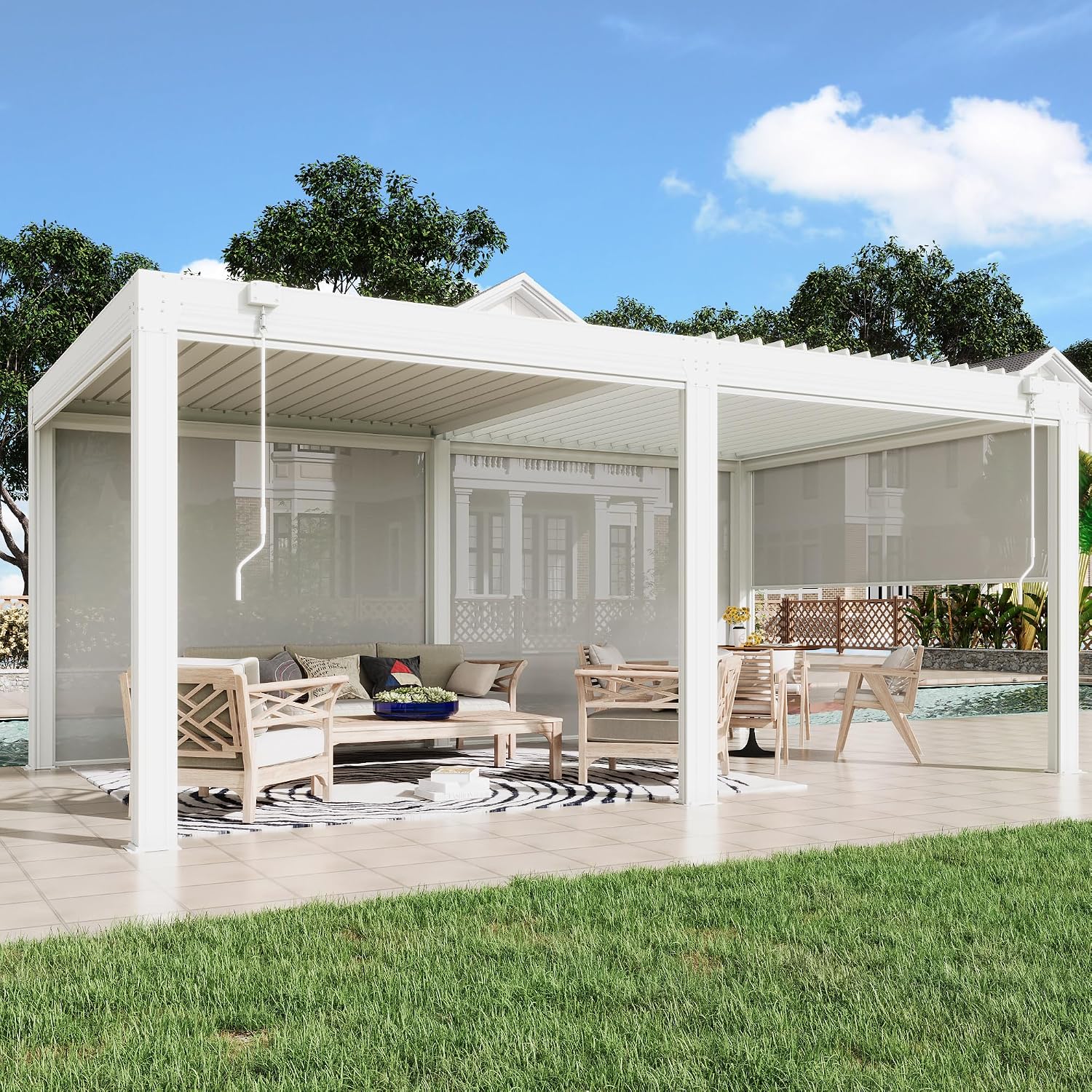 EROMMY 12x20 Louvered Pergola with Side Pull-Down Screen, Outdoor Aluminum Pergola with Thickened Frame and Adjustable Metal Rainproof Roof for Deck Patio Garden Yard, White