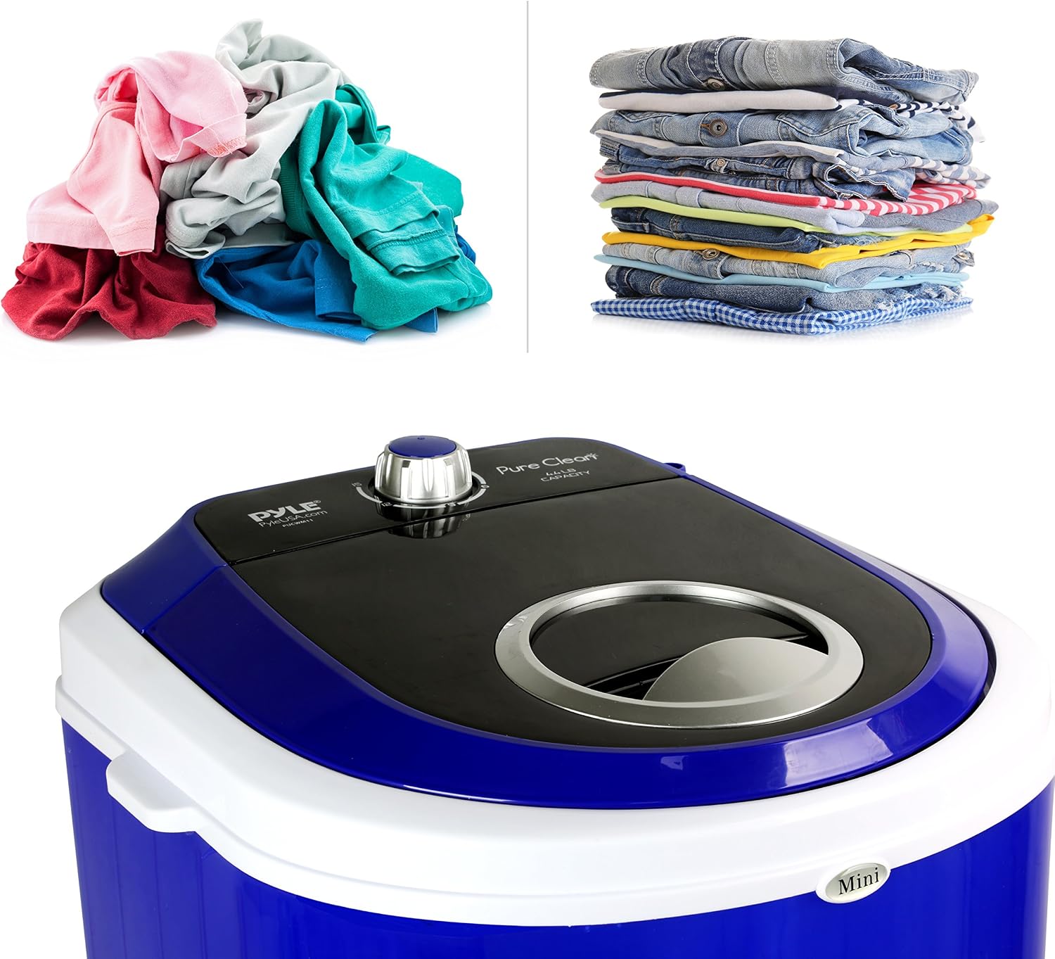 Pyle Upgraded Version Portable Washer - Top Loader Portable Laundry, Mini Washing Machine, Quiet Washer, Rotary Controller, 110V - For Compact Laundry, 4.5 Lbs. Capacity, Translucent Tubs