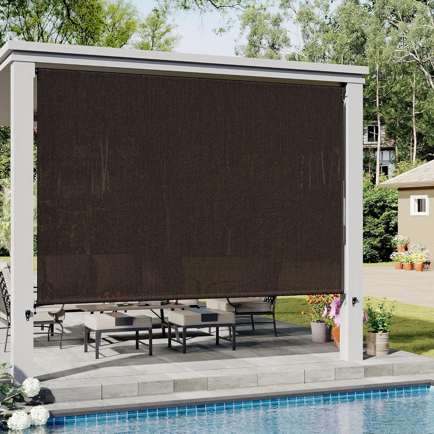 VICLLAX Outdoor Roller Shade (120' W×96' L), Patio Cordless Roller Blinds, Exterior Roll Up Shade with Spliced Design for Patio Porch Gazebo, Chocolate