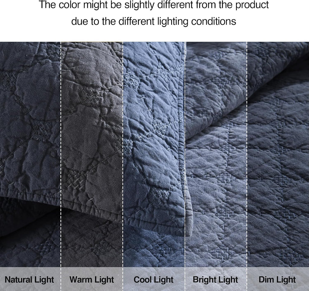 HORIMOTE HOME 55% Linen Front/100% Cotton Back Quilt Set King Size, Steel Blue Pre-Washed Cotton Linen Quilt Set, Geometric Stitched Pattern Bedspread Coverlet Bedding Set 3-Piece for All Seasons