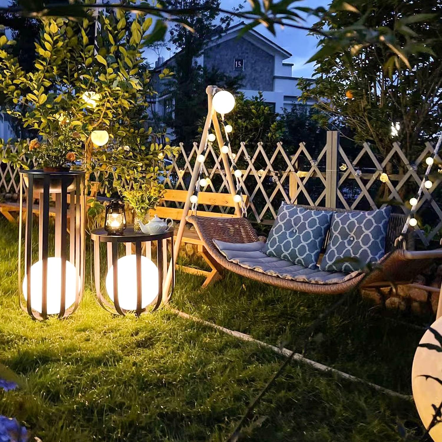 PURPLE LEAF 2 Seat Cloud Swing Chair with Stand and 12 LED Lights Patio Wicker Hanging Swinging for Indoor Backyard Garden Outdoor Hammock Porch Swing, Cushion and Pillows Included