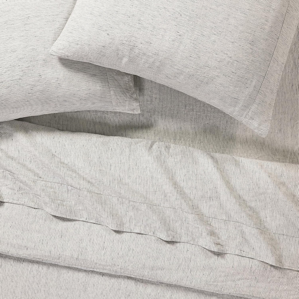 Sijo Stone Washed Organic French Linen Bed Sheet Set, GOTS Certified Organic, Best Cooling Linen Sheet Award by Sleep Foundation, 4 Piece - 2 Pillowcases, 1 Fitted and 1 Flat (Pinstripe, Queen)