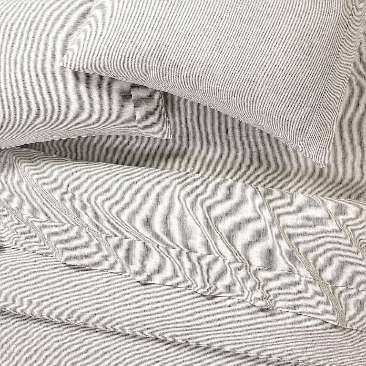 Sijo Stone Washed Organic French Linen Bed Sheet Set, GOTS Certified Organic, Best Cooling Linen Sheet Award by Sleep Foundation, 4 Piece - 2 Pillowcases, 1 Fitted and 1 Flat (Pinstripe, Queen)