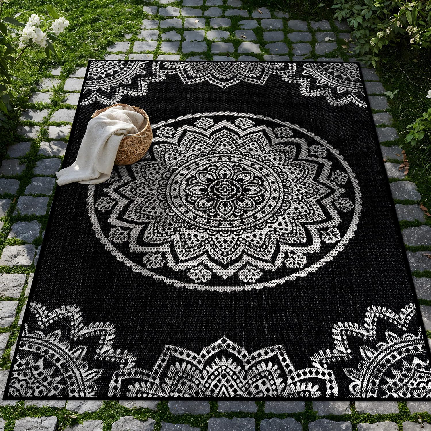 CAMILSON Outdoor Rug 8x10 Modern Area Rugs for Indoor and Outdoor Patios and Porches - Waterproof Washable Non-Shedding Easy-to-Clean Outside Carpet (8 x 10 Medallion - Black/White)