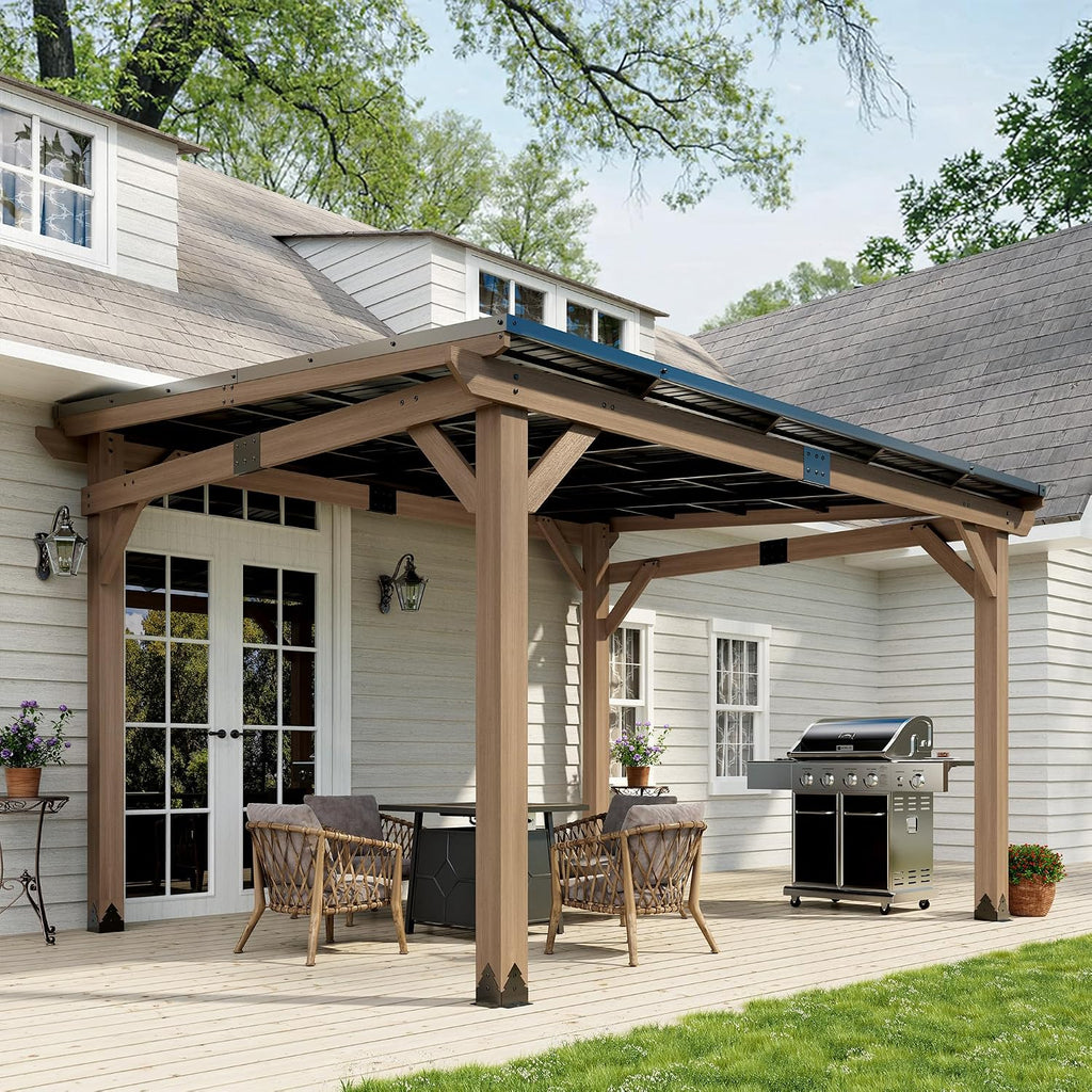 10x12FT Wall Mounted Gazebo Ceder Wood Lean to Gazebo with Sloping Roof Outdoor Hardtop Pergola Awnings with Galvanized Steel Roof for Patio, Deck, Backyard
