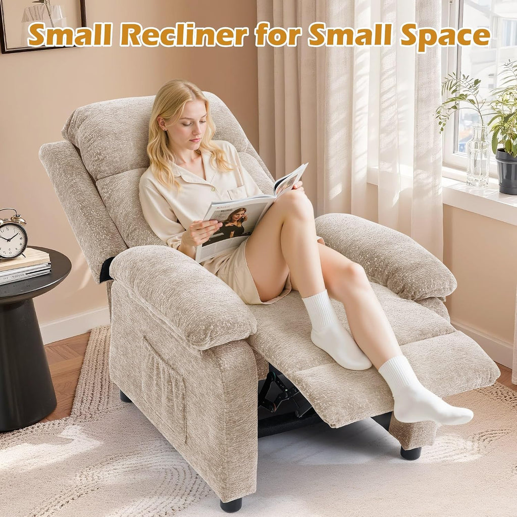 Korser Recliner Chair, Living Room Chairs for Adults, Padded Deep Seat Reading Chair with Side Pockets, Small Recliners for Small Spaces, Lounge Chair for Living Room, Bedroom, and RV (Chenille)