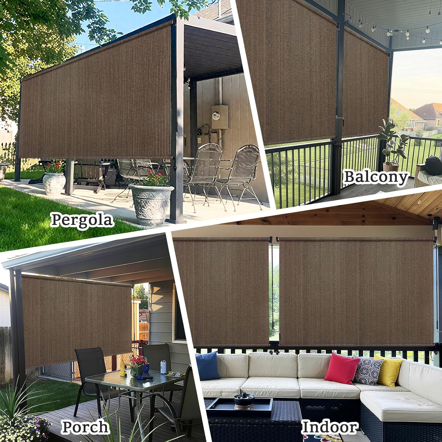 10' W x 8' H Outdoor Roller Shades, Cordless Patio Roll Up Outdoor Blinds with 2 Poles & 1 Fabric, Exterior Sun Shade Cloth for Porch, Gazebo, Balcony, Pergola, Mocha