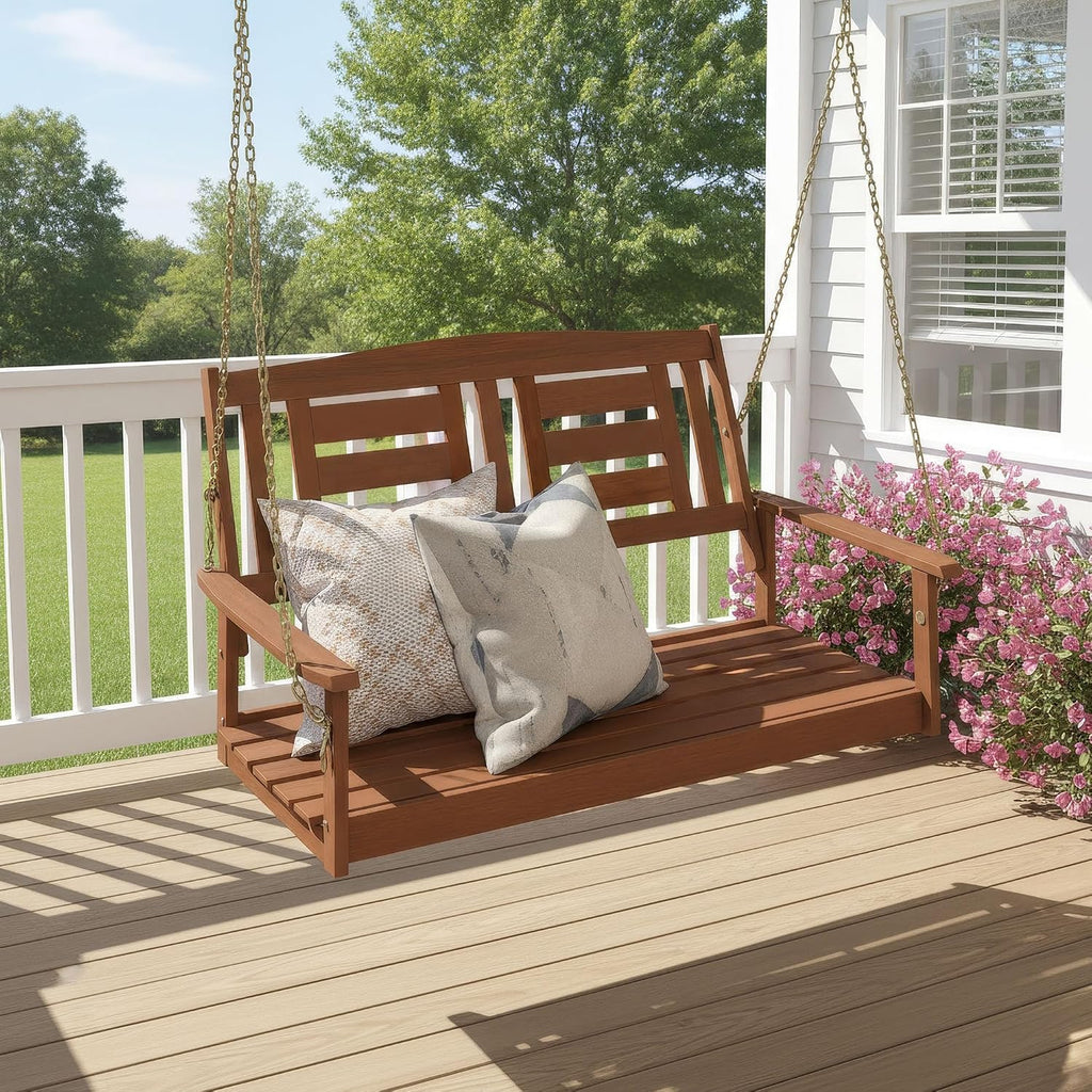 Furinno TIOMAN Porch Swing, 2-Seater Outdoor Hanging Wooden Swing with Chain in Teak Oil, for Patio, Garden, Porch, Light Wood