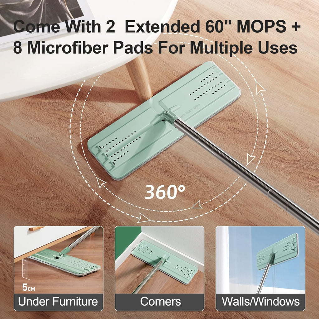 JOYMOOP Mop and Bucket Set for Household and Commercial Cleaning, Flat Mop System with 2 Mops and 8 Large Microfiber Pads for Floors and Walls