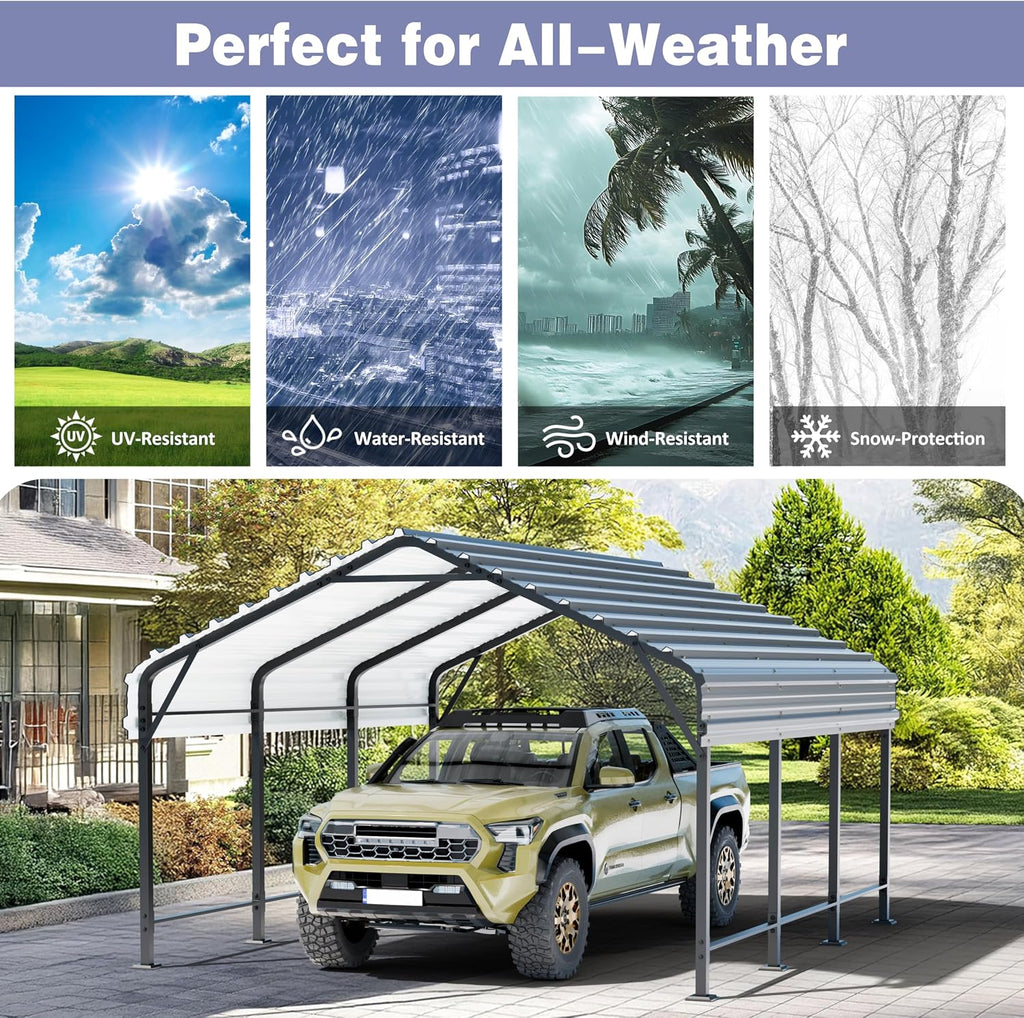 JY QAQA 12 x 15 FT Metal Carport Kits with Galvanized Steel Roof, Heavy Duty Metal Carport Canopy, Outdoor Car Tent Garage Shelter for Car, SUV, Truck and Boats