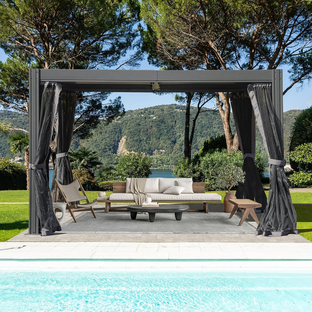 Domi Outdoor Pergola 10' x 13' Aluminum Louvered Pergola with Adjustable Roof and Mosquito Netting for Patio, Backyard, Deck, Garden, Lawns (Gray)