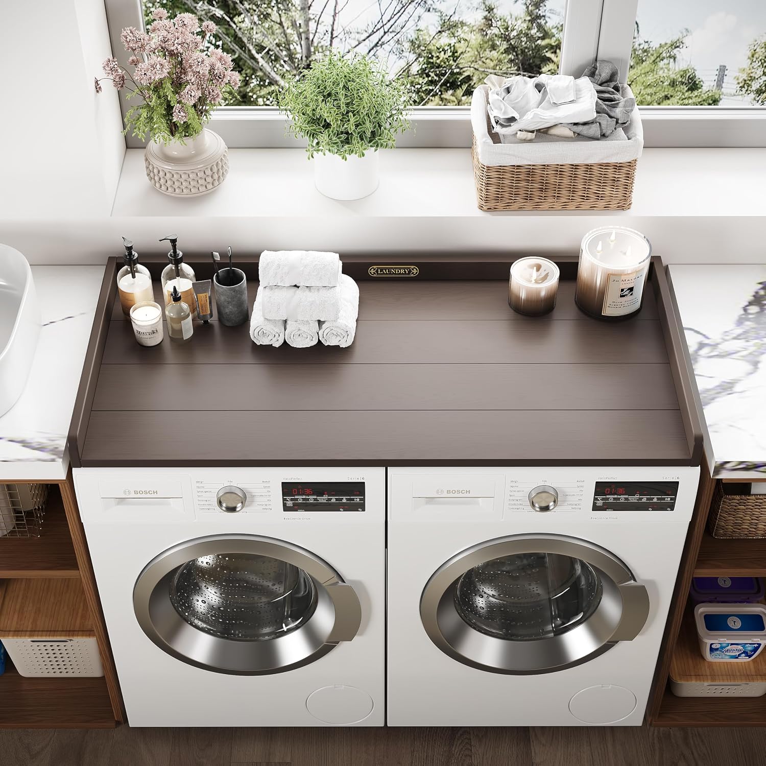 No-Installation HDPE Washer Dryer Countertop Washer and Dryer Topper Covers for The Top Laundry Countertop Laundry Room Organization No Water Leakage,California Walnut