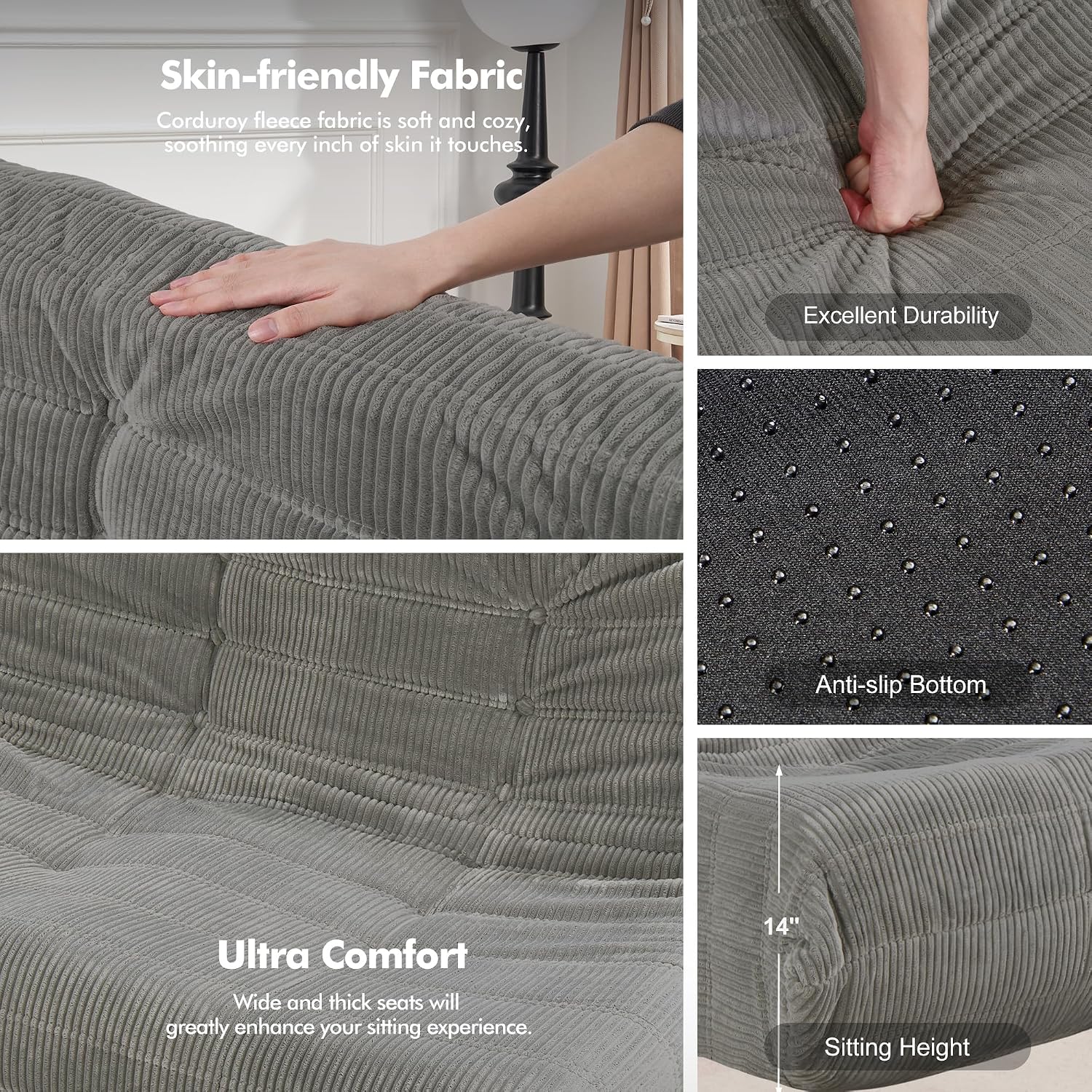 Bean Bag Chair,Giant Beanbag Chairs for Adults,Comfy Large Fireside Chair Lazy Sofa,Corduroy Bean Bag Lounger with Memory Foam Filled,Floor Sofa Couch for Living Room (Light Grey, Loveseat)