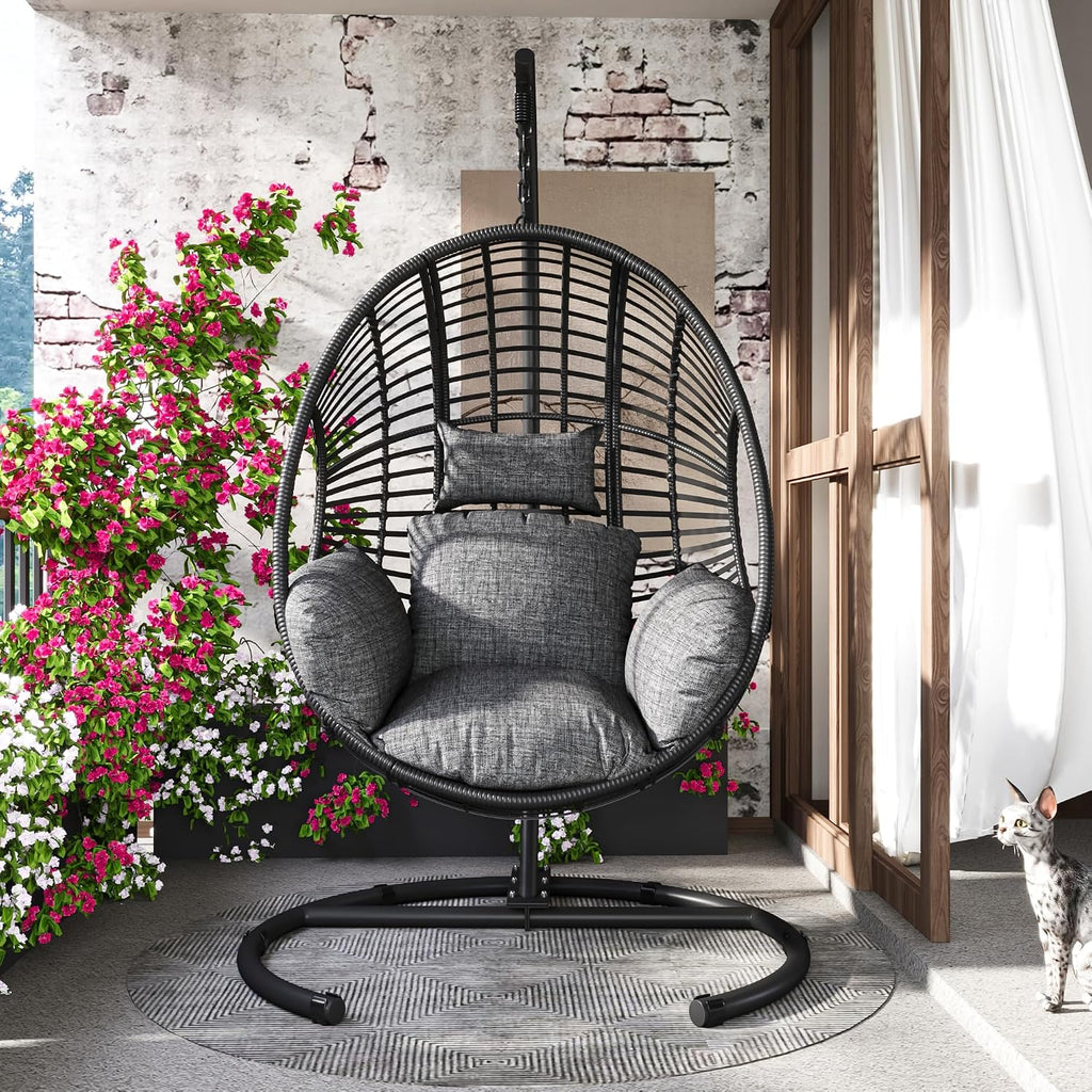 Hanging Egg Chair with Stand - Egg Swing Chair Outdoor Indoor Patio Wicker Chair Swing Hammock Egg Chairs 400lbs Capacity for Outside Patio, Bedroom, Garden and Balcony（Black, 1PC）