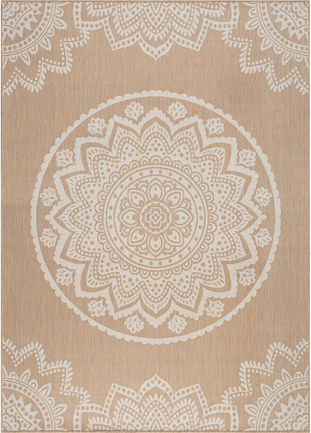 CAMILSON Outdoor Rug 8x10 Modern Area Rugs for Indoor and Outdoor Patios and Porches - Waterproof, Washable, Non-Shedding, Easy-to-Clean Outside Carpet (8 x 10, Medallion - Beige/White)