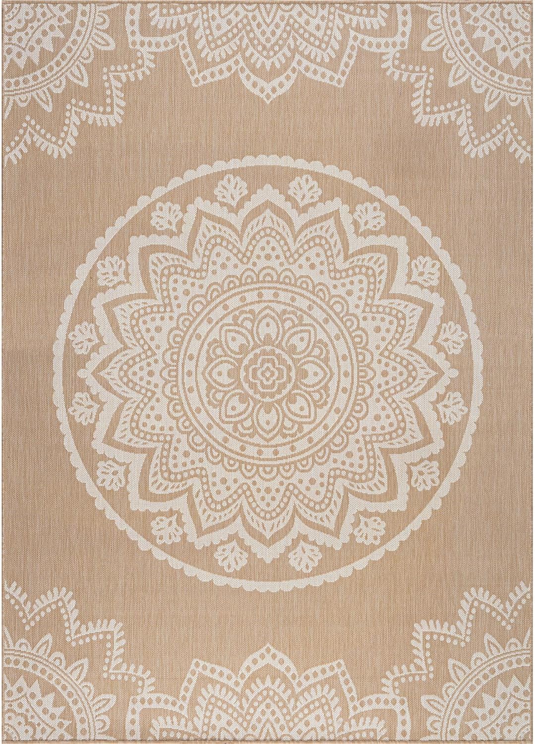 CAMILSON Outdoor Rug 8x10 Modern Area Rugs for Indoor and Outdoor Patios and Porches - Waterproof, Washable, Non-Shedding, Easy-to-Clean Outside Carpet (8 x 10, Medallion - Beige/White)