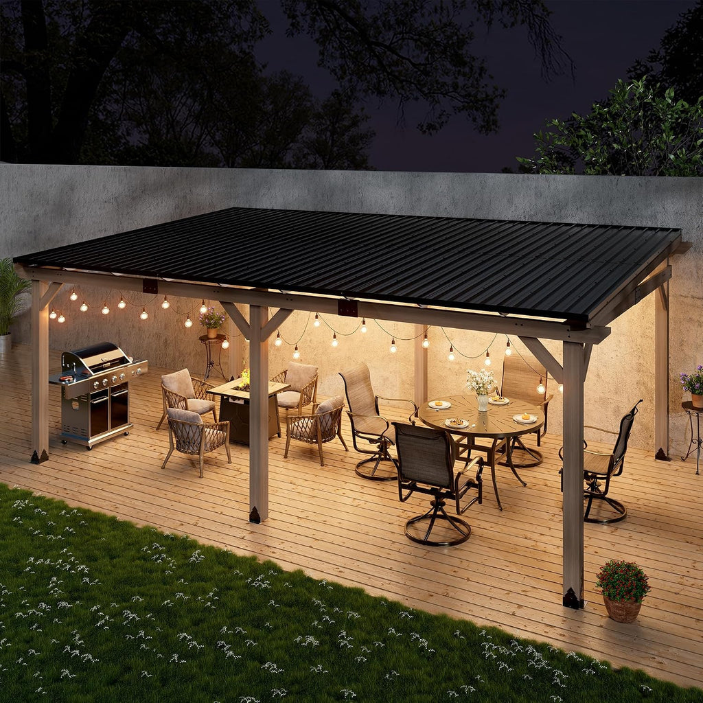 12x20FT Wall Mounted Gazebo Ceder Wood Lean to Gazebo with Sloping Roof Outdoor Hardtop Pergola Awnings with Galvanized Steel Roof for Patio, Deck, Backyard