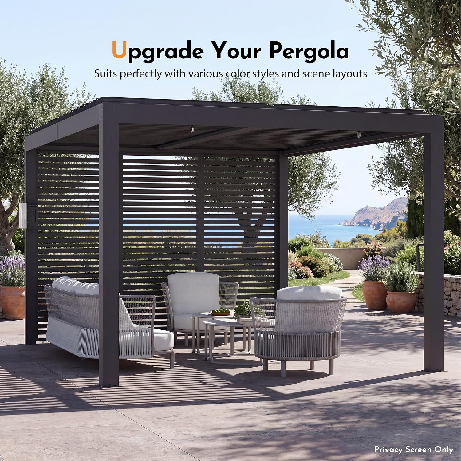 Modern Shade Pergola Accessories Privacy Screen 10 ft for Louvered Pergola, Galvanized Steel Shade Screen Privacy Shade Panels, Easy Installation Modular Pergola Screens for Patio, Backyard, Black