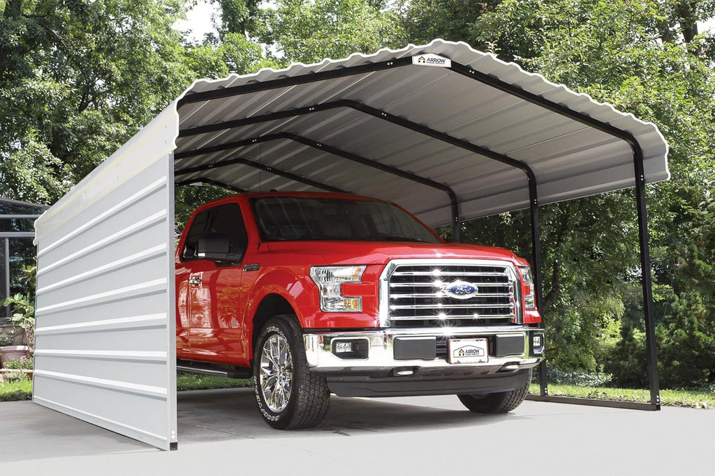Arrow Carports Galvanized Steel Carport, with 1-Sided Enclosure, Compact Car Metal Carport Kit, 12' x 20' x 7', Eggshell
