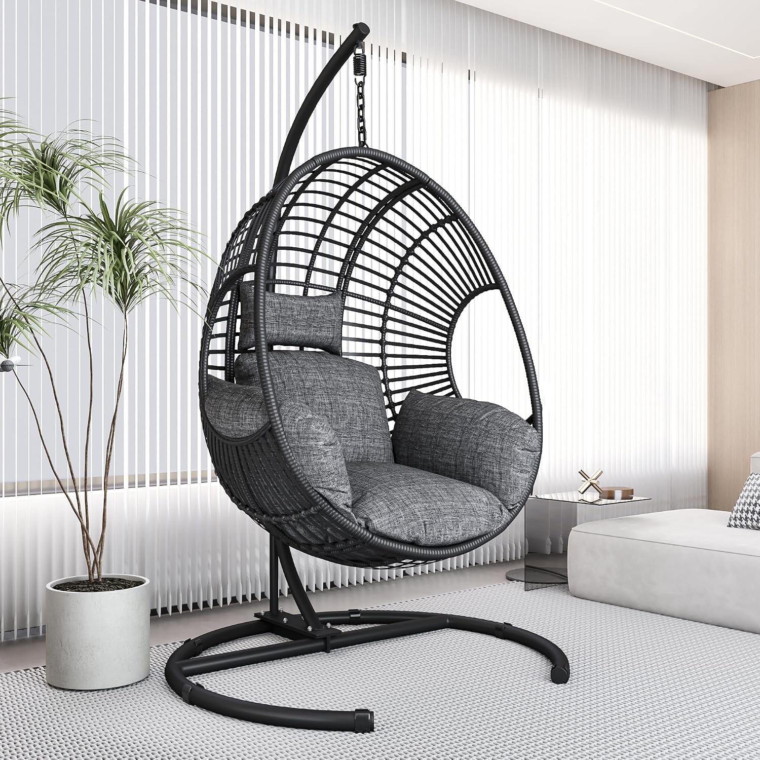 Hanging Egg Chair with Stand - Egg Swing Chair Outdoor Indoor Patio Wicker Chair Swing Hammock Egg Chairs 400lbs Capacity for Outside Patio, Bedroom, Garden and Balcony（Black, 1PC）