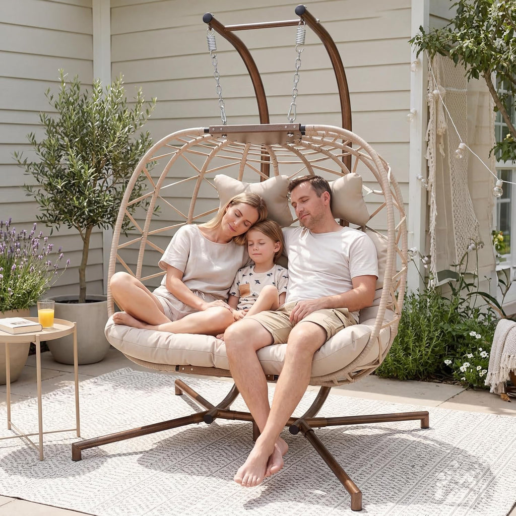 RADIATA 2 Person Hanging Egg Chair with Stand, Outdoor Double Egg Chair Swing with Foldable Basket, XL Wicker Double Egg Swing Chair with Thick Cushions for Patio Backyard Porch Balcony Deck, Beige