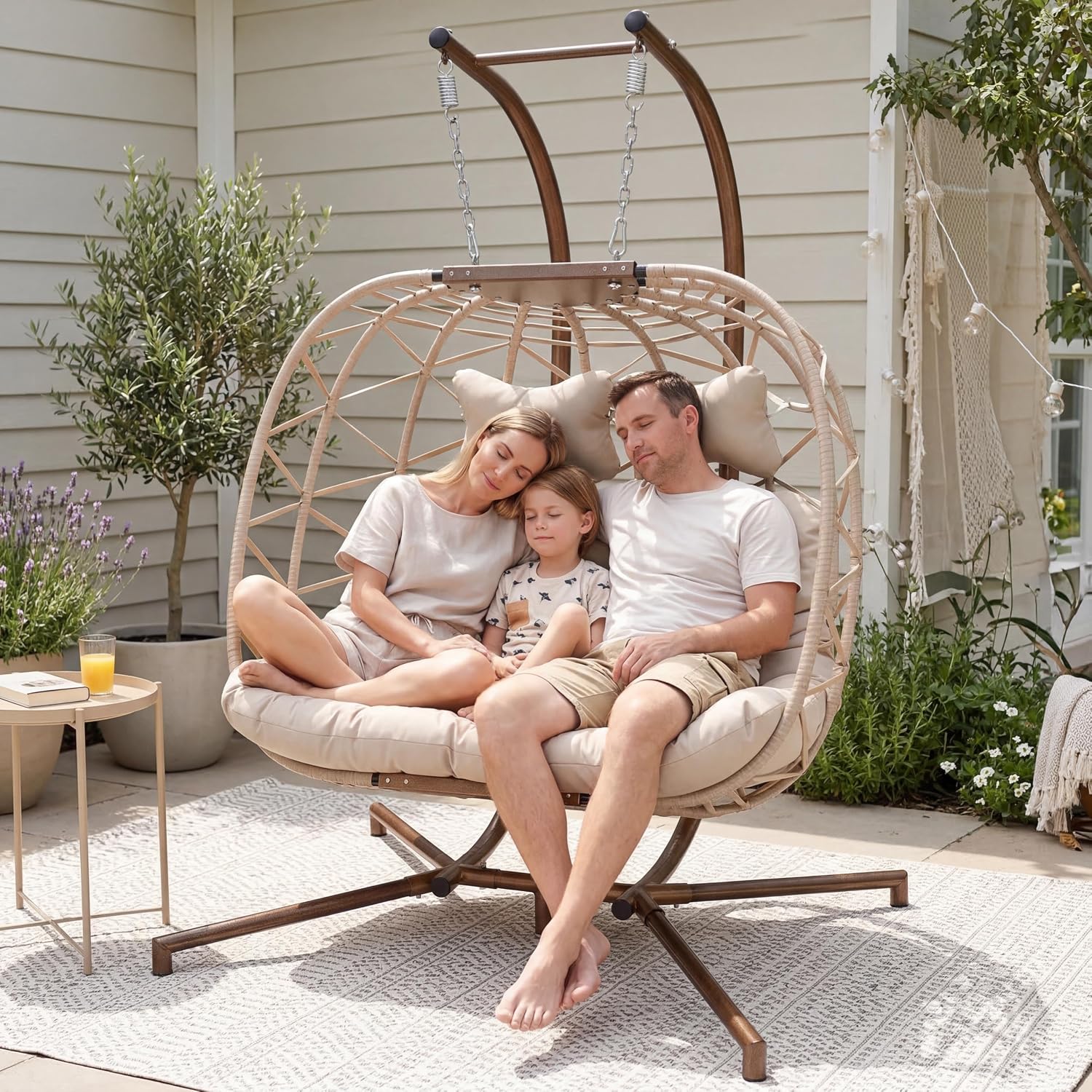 RADIATA 2 Person Hanging Egg Chair with Stand, Outdoor Double Egg Chair Swing with Foldable Basket, XL Wicker Double Egg Swing Chair with Thick Cushions for Patio Backyard Porch Balcony Deck, Beige