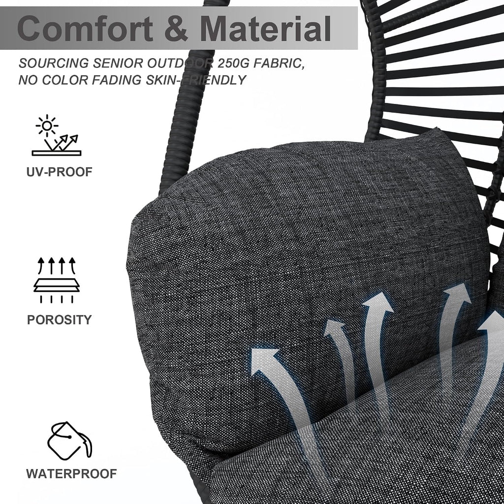 Hanging Egg Chair with Stand - Egg Swing Chair Outdoor Indoor Patio Wicker Chair Swing Hammock Egg Chairs 400lbs Capacity for Outside Patio, Bedroom, Garden and Balcony（Black, 1PC）