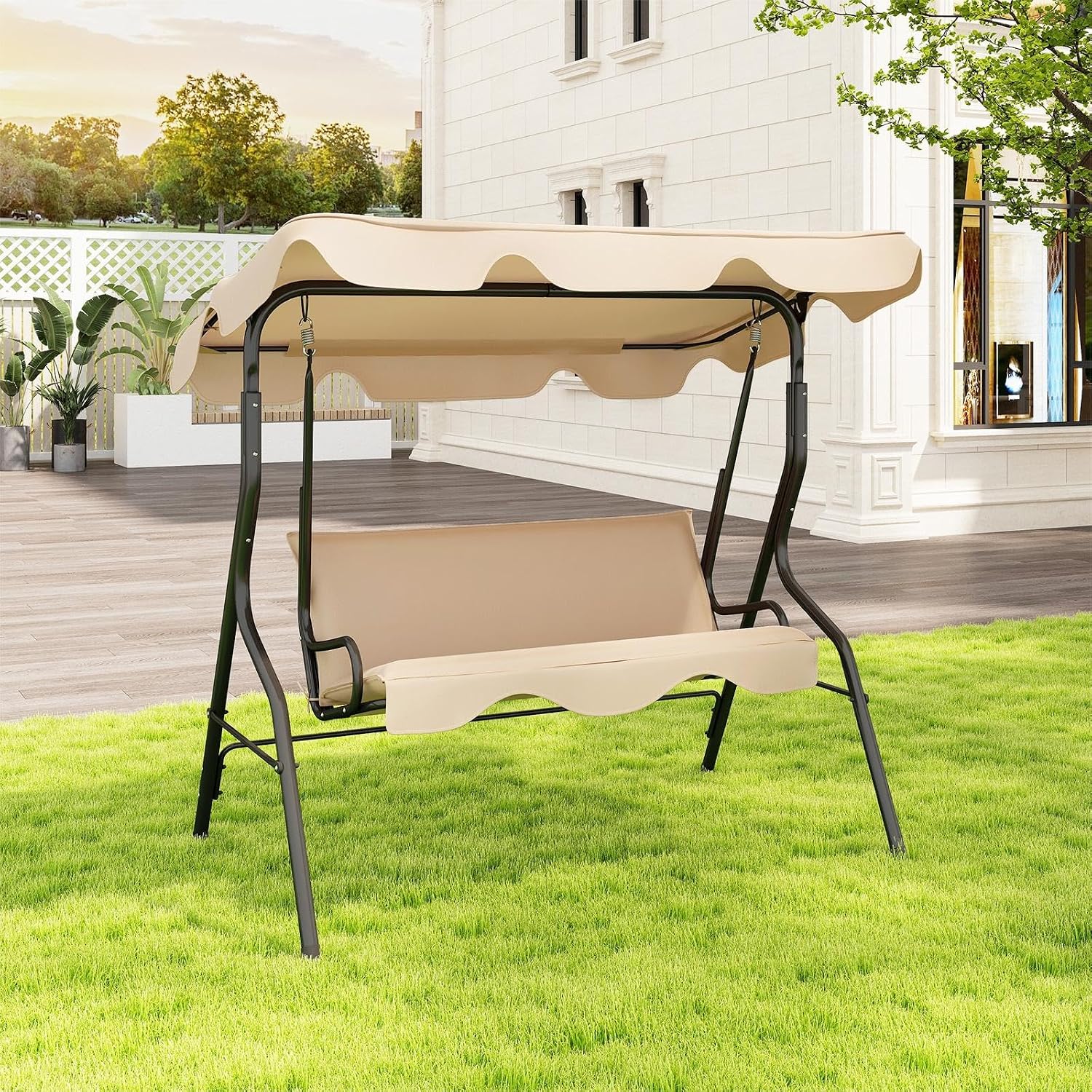 DREAMADE Porch Swing Outdoor, 3 Person Patio Swing w/Removable Cushion, Stand & Adjustable Canopy, Heavy Duty Swing Chair for Patio, Garden, Courtyard, Poolside