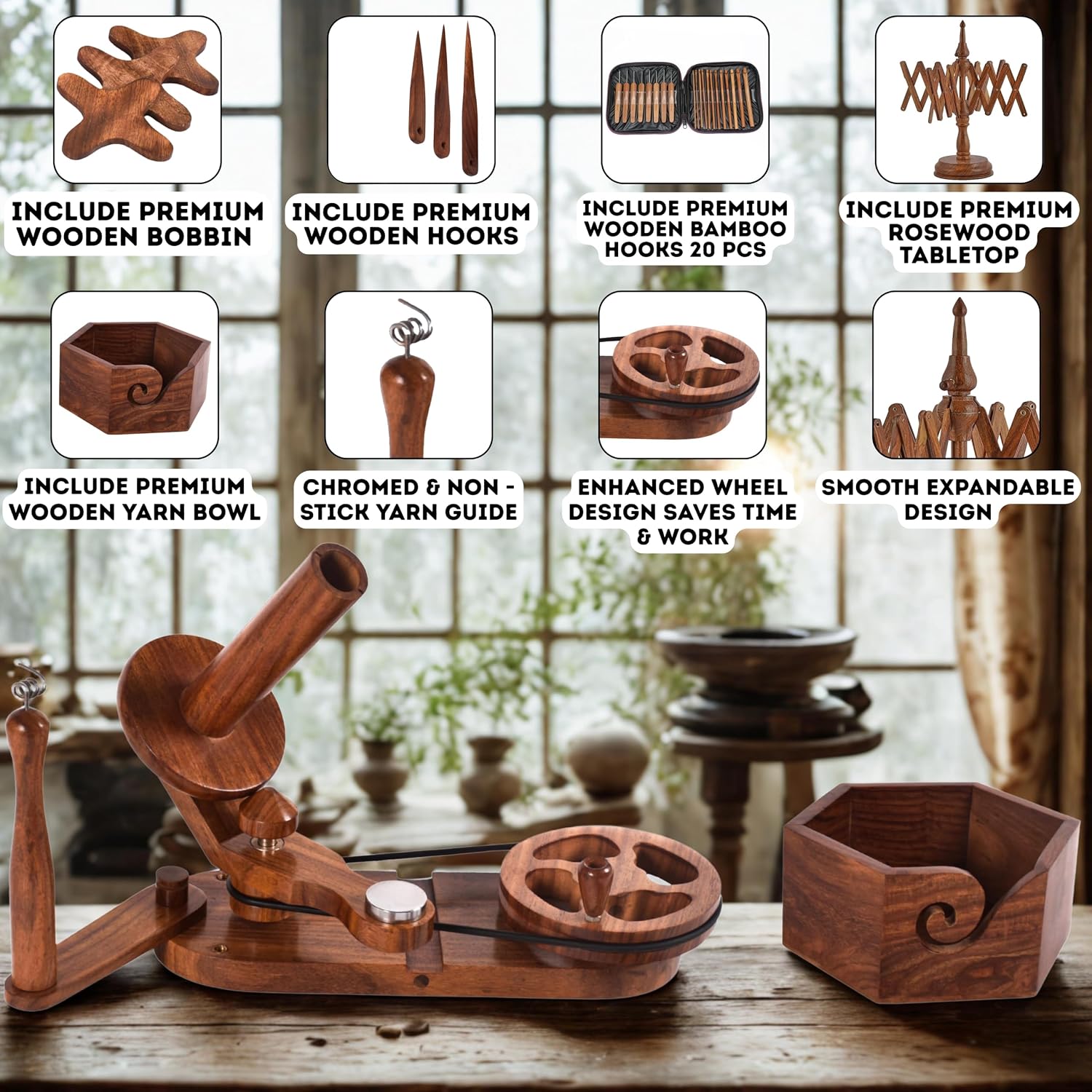 Brainmart Rosewood Yarn Winder & Swift with Wooden Yarn Bowl – 30pcs Crochet Kit | Handcrafted Wooden Ball Winder, Crochet Hooks Set, Bobbins, Weaving Needles for Knitting, Crocheting & Weaving