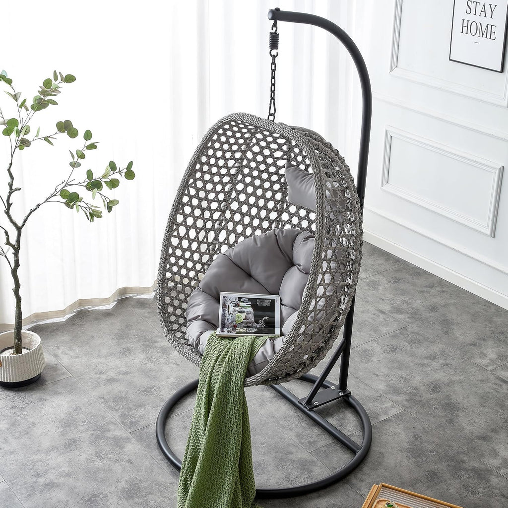 Swining Egg Chair with Stand,Wicker Rattan Hanging Egg Chairs, Patio Swing with UV Resistant Cushion, Outdoor Indoor Hanging with Foldable Basket Metal Stand for Bedroom (Grey-S)