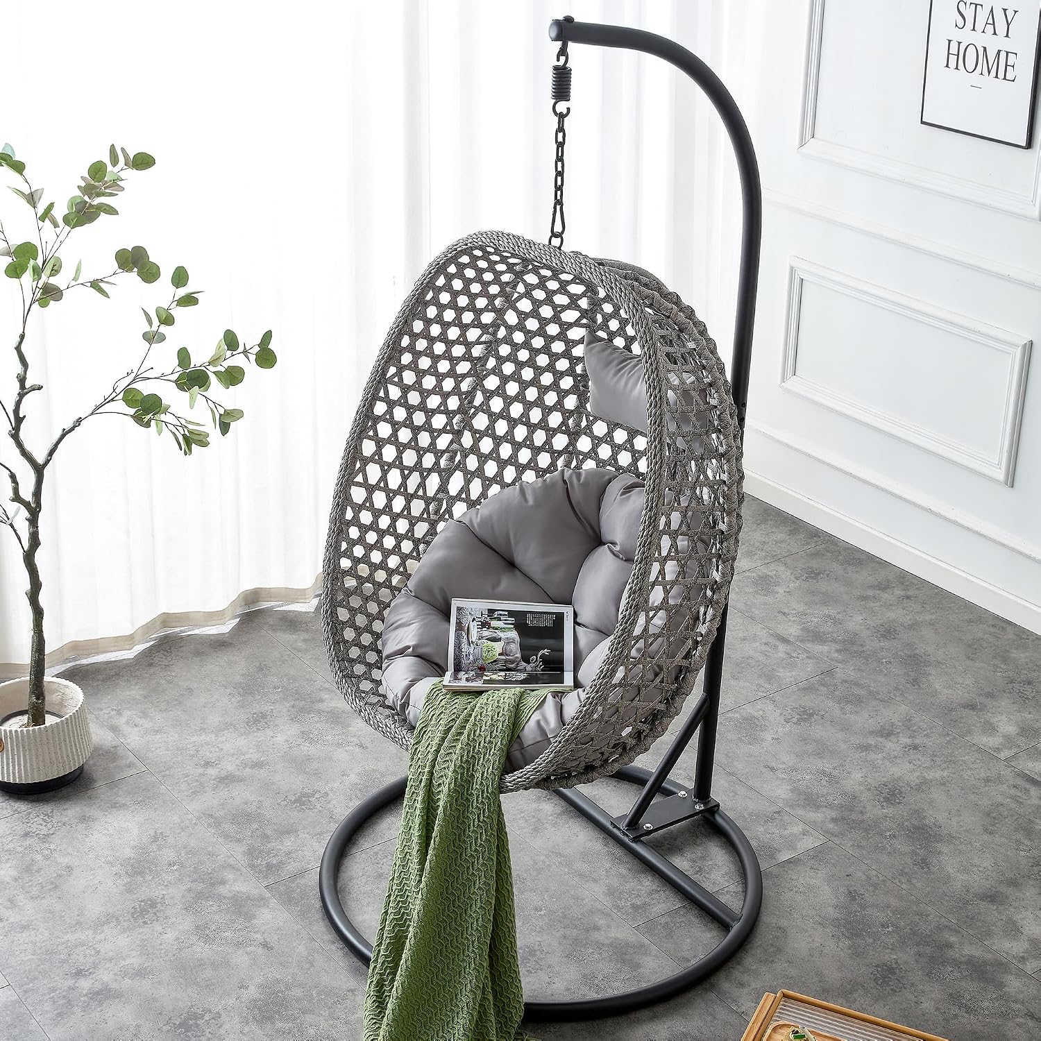 Swining Egg Chair with Stand,Wicker Rattan Hanging Egg Chairs, Patio Swing with UV Resistant Cushion, Outdoor Indoor Hanging with Foldable Basket Metal Stand for Bedroom (Grey-S)