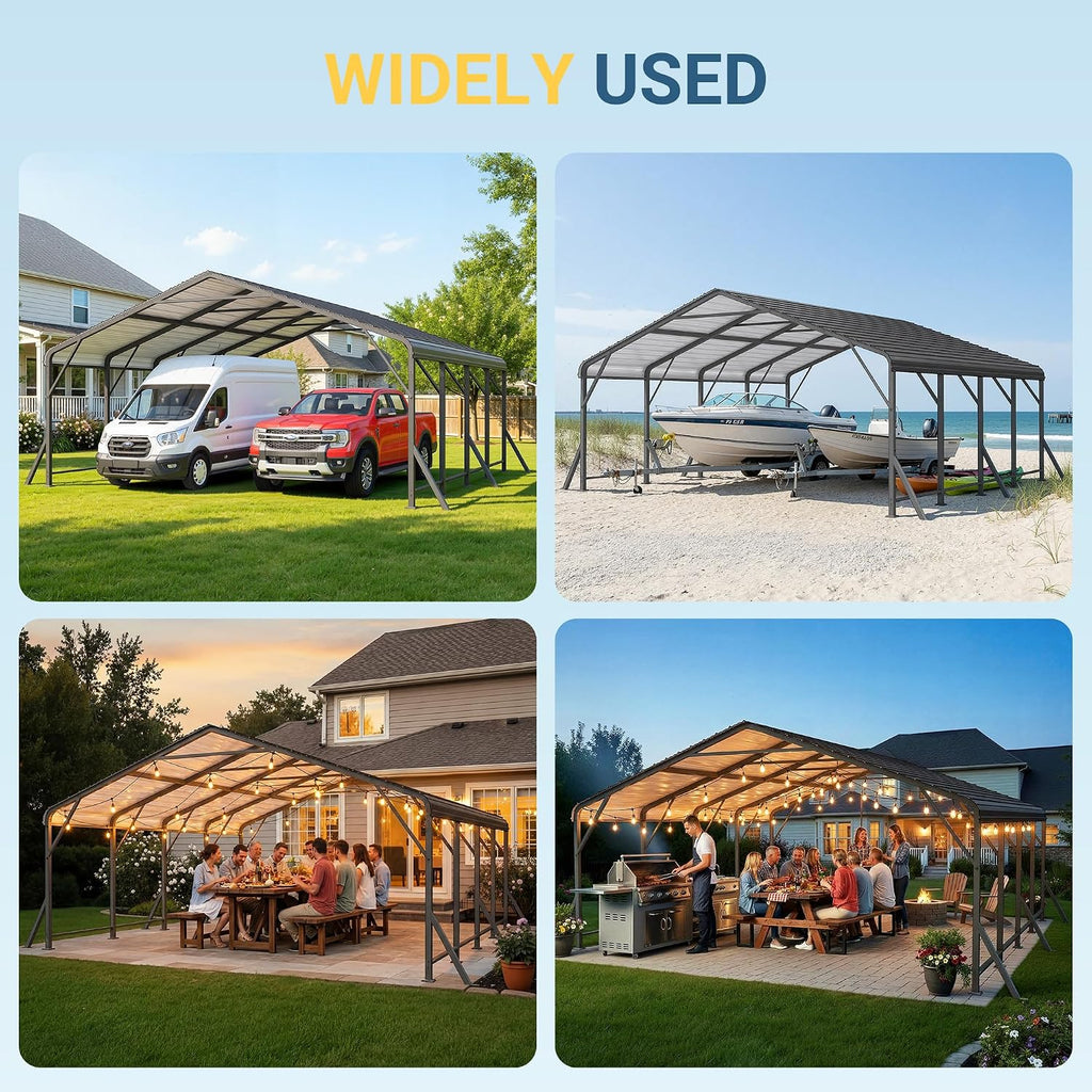 20x20 FT Metal Carport with Updated Roof & Enhanced Base, Heavy Duty Canopy Carport Garage, Vertaile for Car, Truck, Boat, Tractors, Party, Grey