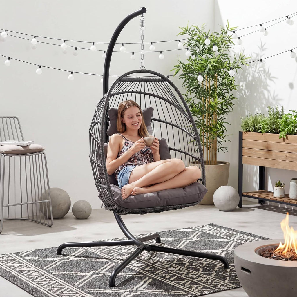 RADIATA Heavy Duty Egg Chair Swing with Stand, 350Lbs Rattan Hanging Chairs with Base and Cozy Cushion, Single Eggshell Hammock Seat for Outside Patio Porch Backyard Balcony Apartment, Dark Grey