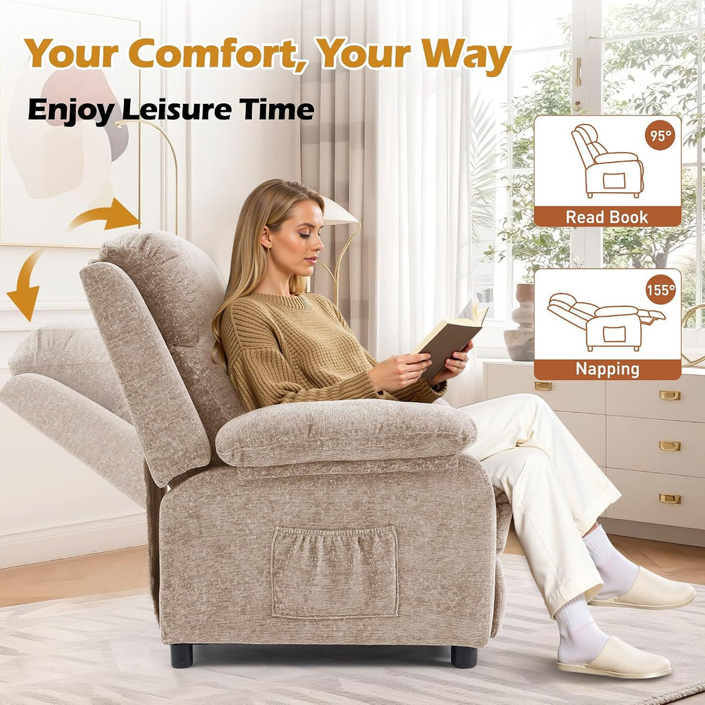 Korser Recliner Chair, Living Room Chairs for Adults, Padded Deep Seat Reading Chair with Side Pockets, Small Recliners for Small Spaces, Lounge Chair for Living Room, Bedroom, and RV (Chenille)