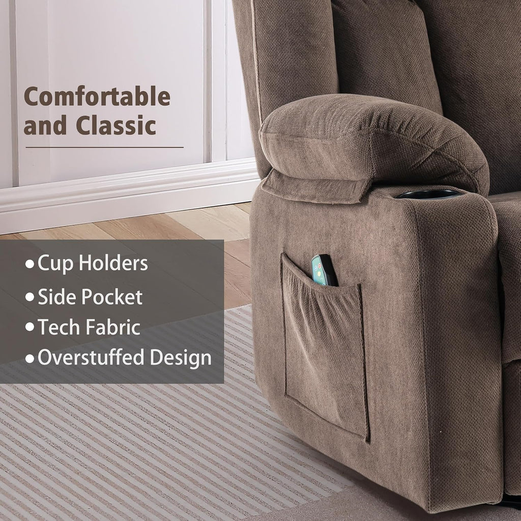 Ketaiyou Rocker Swivel Recliner Chair for Adults, Overstuffed Large Manual Recliner Glider with Massage and Heat, Comfy Soft Fabric Living Room Reclining Sofa Chair (Cocoa1)