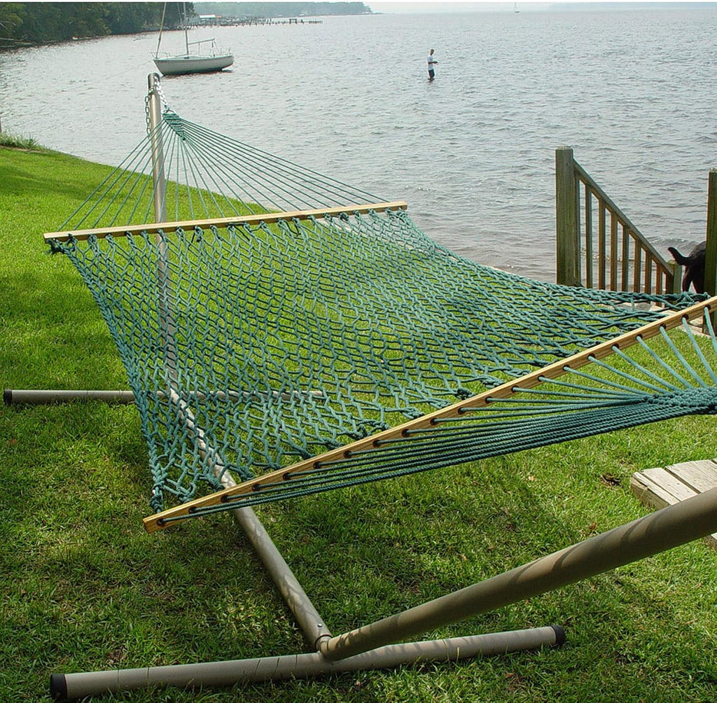 Original Pawleys Island Large Green DuraCord Rope Hammock – 13 ft. x 55 in., 2-Person, 450 lb Capacity, Oak Spreader Bar, Zinc-Plated Hardware, Handcrafted in The USA